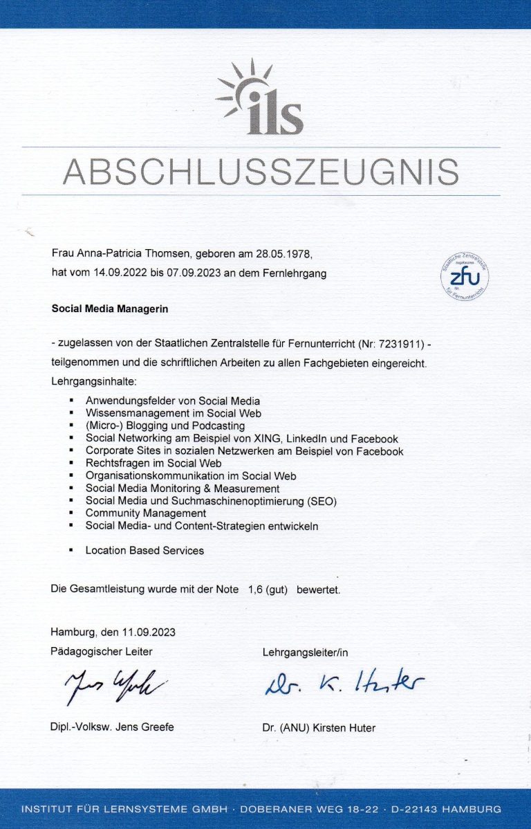 Anna Thomsen Marketing | ILS Abschlusszeugnis