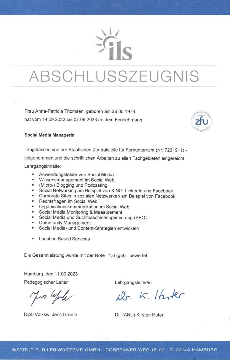 Anna Thomsen Marketing | ILS Abschlusszeugnis